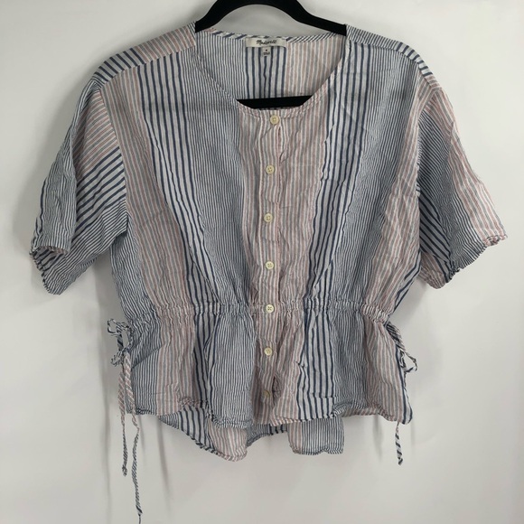 MADEWELL Drawstring Waist Striped Top Tie Side Blouse Light M Stripes L5107 - Picture 2 of 8